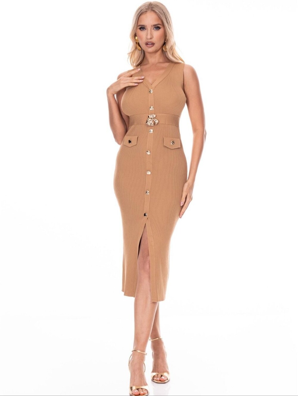 Sleeveless V-Neck Button Midi Dress in Camel